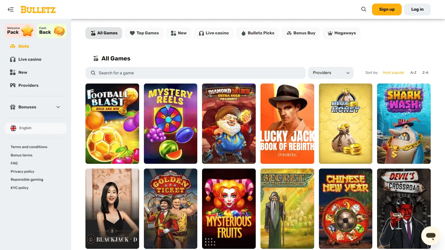 Bulletz Casino desktop games view with casino categories and titles
