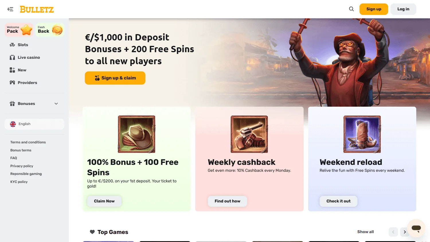 Bulletz Casino desktop home view with casino offer and game access