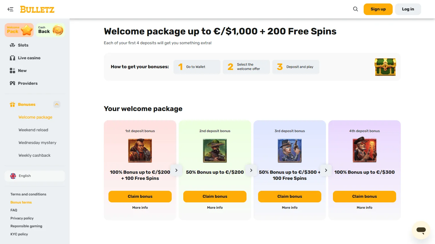 Bulletz Casino desktop promotions view with bonus offers