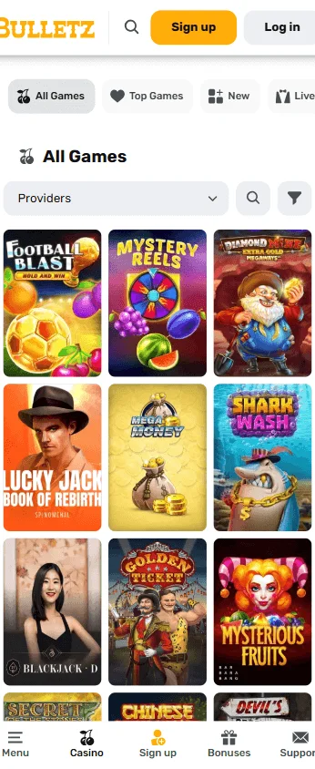 Bulletz Casino mobile browser games view