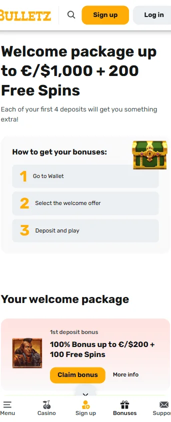 Bulletz Casino mobile browser promotions view