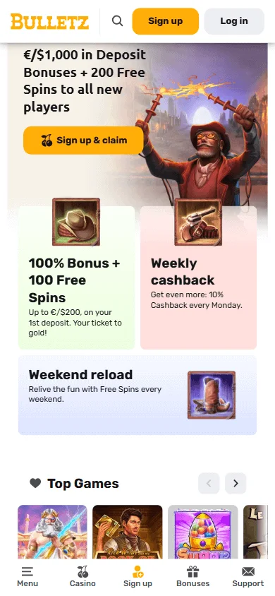 Bulletz Casino mobile browser home view
